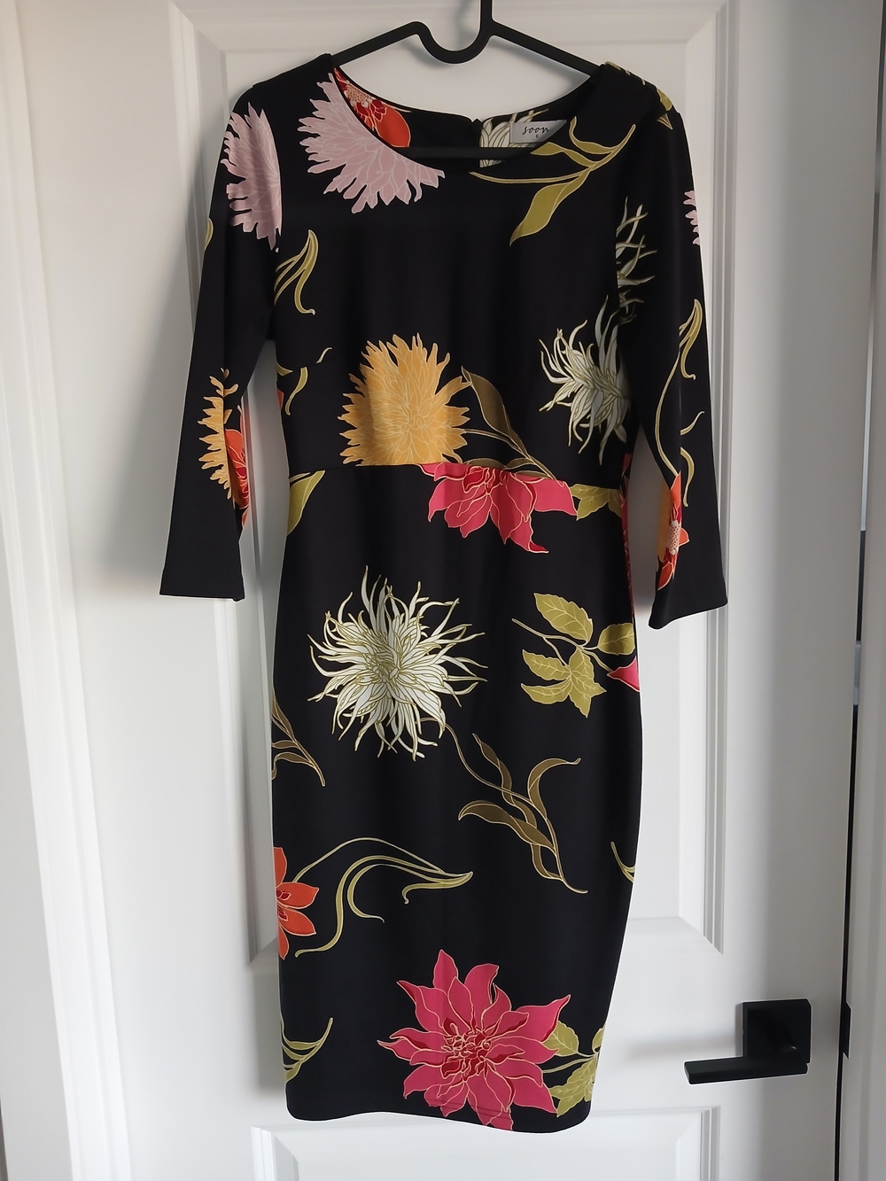 Floral Print Sheath Dress - Black with Pink, Yellow & Red Flowers